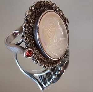 Silver Cameo & Garnet Ring